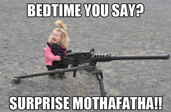 baby kid girl gun bedtime surprise funny pics pictures pic picture ...