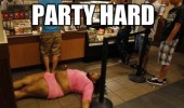 party hard fat guy man pink womans clothes passed out sleeping floor shop store takeaway funny pics pictures pic picture image photo images photos lol